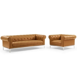 Idyll Tufted Upholstered Leather Sofa and Armchair Set - Tan 