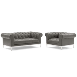 Idyll Tufted Upholstered Leather Loveseat and Armchair - Gray 