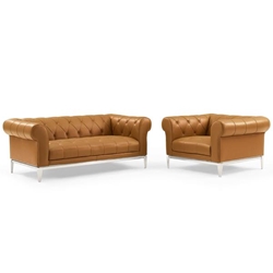 Idyll Tufted Upholstered Leather Loveseat and Armchair - Tan 