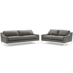 Harness Stainless Steel Base Leather Sofa and Loveseat Set - Gray 