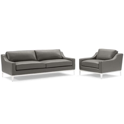 Harness Stainless Steel Base Leather Sofa & Armchair Set - Gray 