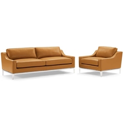Harness Stainless Steel Base Leather Sofa & Armchair Set - Tan 