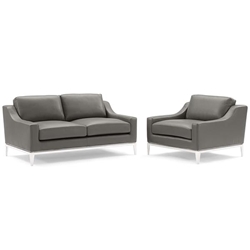 Harness Stainless Steel Base Leather Loveseat & Armchair Set - Gray 