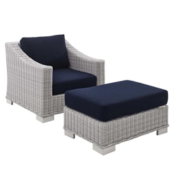 Conway Sunbrella® Outdoor Patio Wicker Rattan 2-Piece Armchair and Ottoman Set - Light Gray Navy 