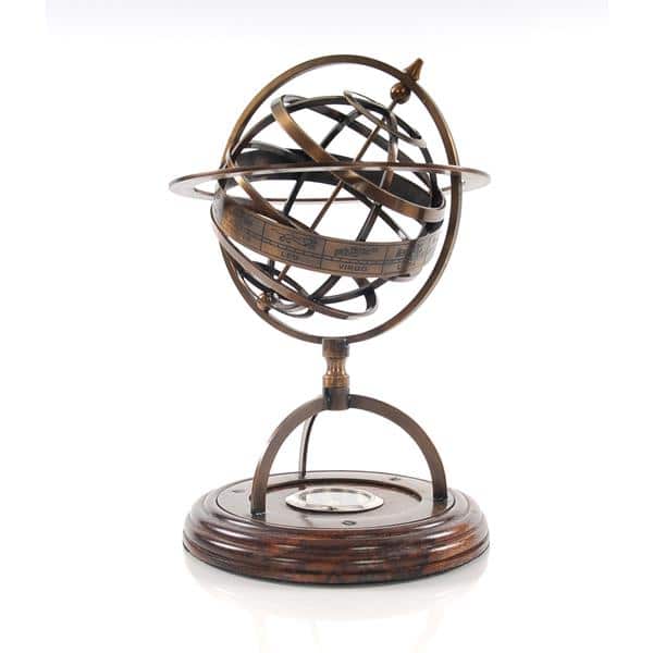 Brass Armillary with Compass on Wood Base 