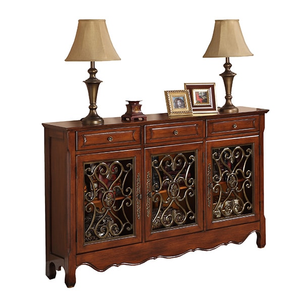 Cherry Three Door Scroll Console, Powell Scroll Console Table