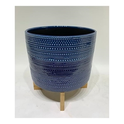 11"H Dotted Planter With Wood Stand - Blue 