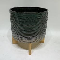 11"H Dotted Planter With Wood Stand - Green 