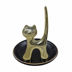 Black and Gold 4" Ceramic Cat Trinket Tray 