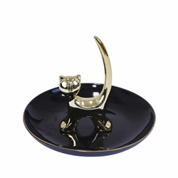 Black and Gold 6" Ceramic Cat Trinket Tray 