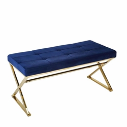 Blue & Gold Velveteen Bench - X Legs 
