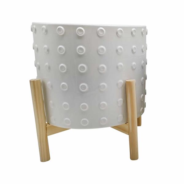 12" Ceramic Dotted Planter With Wood Stand - White 
