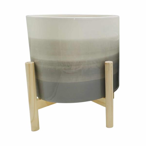 12" Ceramic Planter With Wood Stand - Beige Mix 