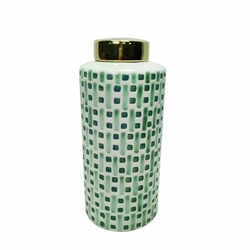 Ceramic 13" Jar With Gold Lid - Green & White 