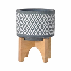 Ceramic 6" Aztec Planter On Wooden Stand - Gray 