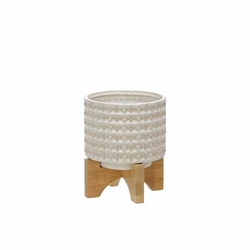 Ceramic 6" Dotted Planter Withwood Stand - Ivory 