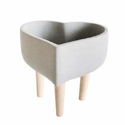 Ceramic 9" Heart Planter With Wooden Legs Lt Gray 