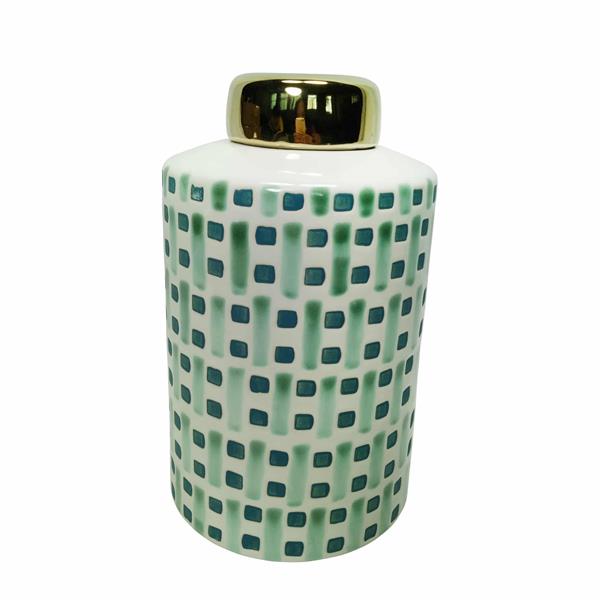 Ceramic 9" Jar With Gold Lid - Green & White 