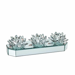 Glass 13" 3 Lotus Mirrored Candle Holder - Silver 