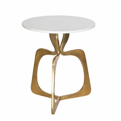 Metal 20" Accent Table With White Marble- Gold 
