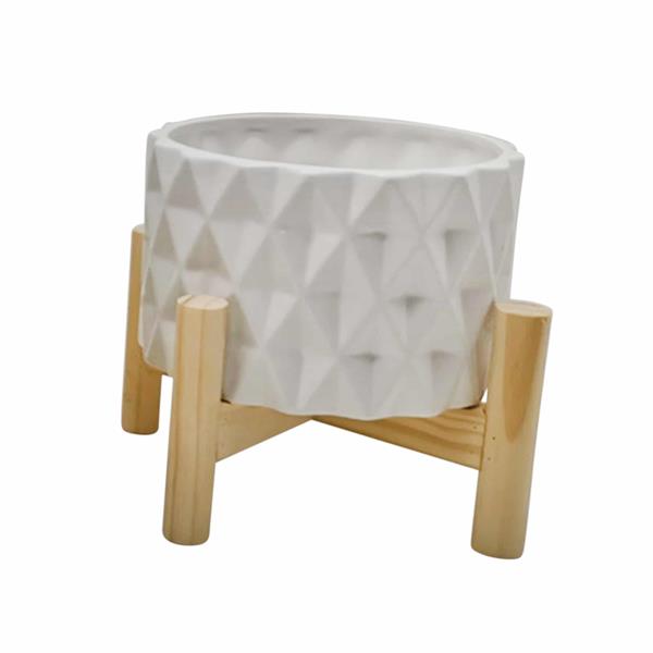 6" Ceramic Diamond Planter With Wood Stand - White 