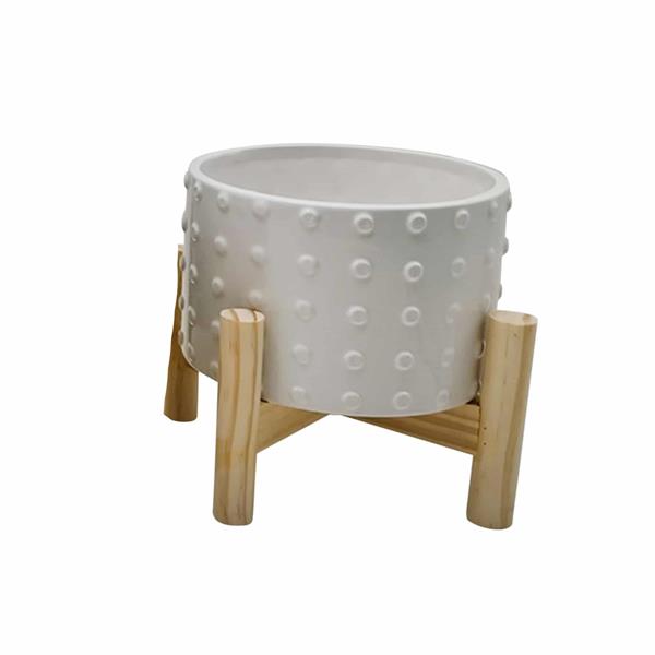 6" Ceramic Dotted Planter With Wood Stand - White 