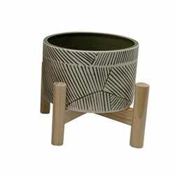 6" Ceramic Planter With Wood Stand - Green Mix 