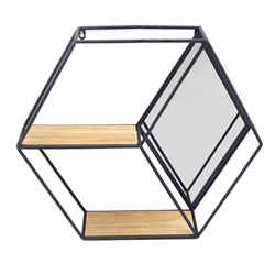 Metal & Wood 20" Hexagon Mirrored Wall Shelf- Black 