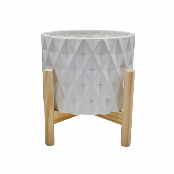 8" Ceramic Diamond Planter With Wood Stand - White 