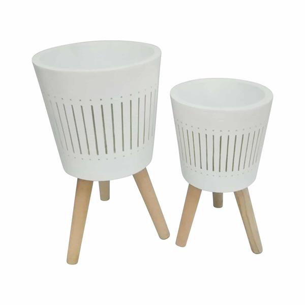 Set of 2 11 & 15" Planter With Wood Legs Beige 
