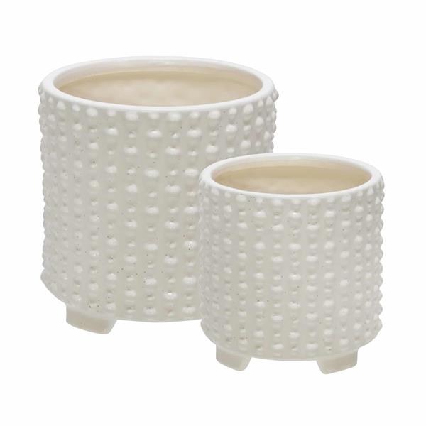 Set of 2 Ceramic 6 & 8" Footed Planters With Dots- White 