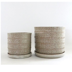 Set of 2 Ceramic 6 & 8" Tribal Planter With Saucer- Beige 