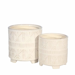Set of 2 Ceramic 8 & 6.5" Abstract Footed Planter- Beige 