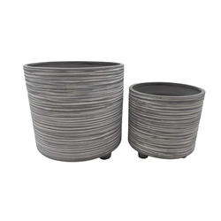 Set of 2 Ceramic Footed Planter With Lines 6 & 8"- Beige 