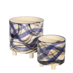 Set of 2 Footed Planters 9 & 6"- Abstract Blue 