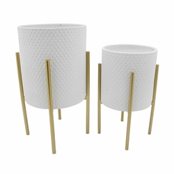 Set of 2 Honeycomb Planter On Metal Stand - White and Gold 