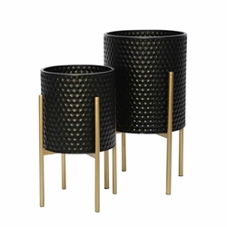 Set of 2 Honeycomb Planter On MetalStand - Black & Gld 