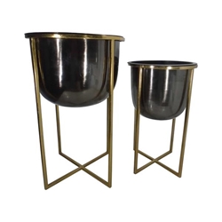 Set of 2 Metal 25 & 21" Planter With Stand - Gunmetal & Gold 