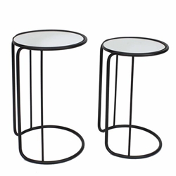 Set of 2 Metal & Mirror 23 & 25" Accent Tables- Black 