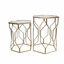 Set of 2 Mirrored Hexagon Accent Tables 25 & 21" Gold 