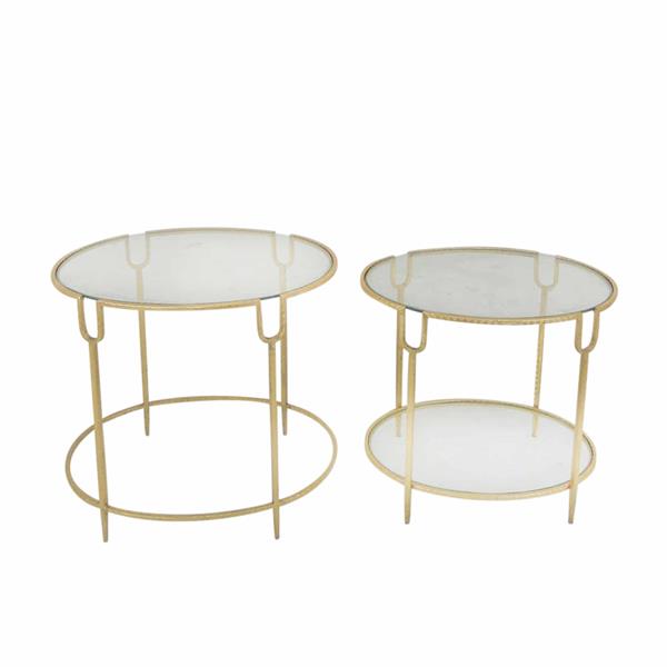 Set of 2 Round Gold Accent Tables- Glass Top 