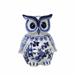 White & Blue Ceramic Owl 8" 