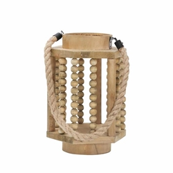 Wood 11" Lantern With Rope Hanger- Brown 