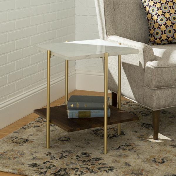 Mid Century Modern Square Side Table - Marble & Gold 