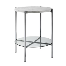 Modern Round Side Table - Faux White Marble & Glass & Chrome 