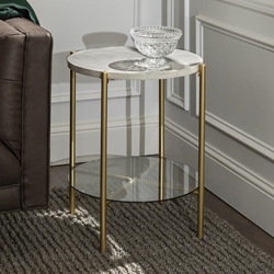 Modern Round Side Table - Faux White Marble & Gold 