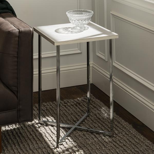 Modern Glam Square Side Table - Faux White Marble & Chrome 