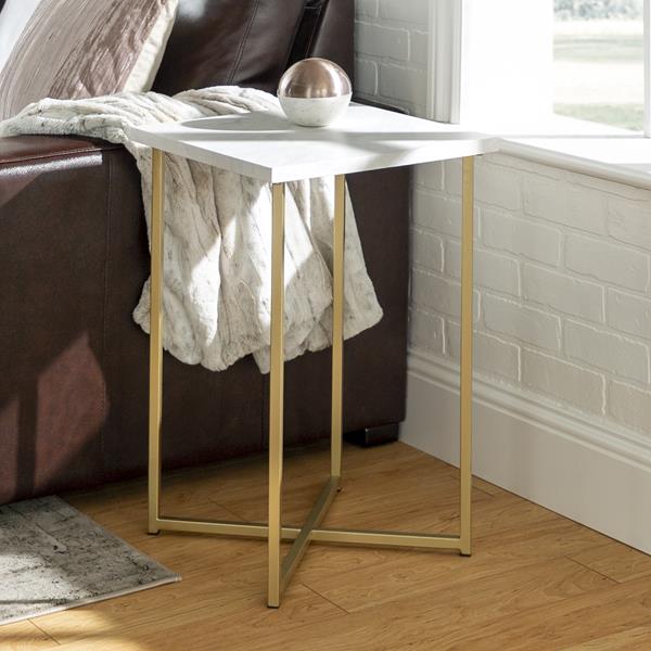 Modern Glam Square Side Table - Faux White Marble & Gold 