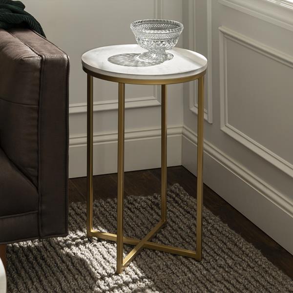 Glam Round Side Table - Faux White Marble & Gold 