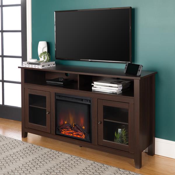 58" Transitional Fireplace Glass Wood TV Stand - Espresso 